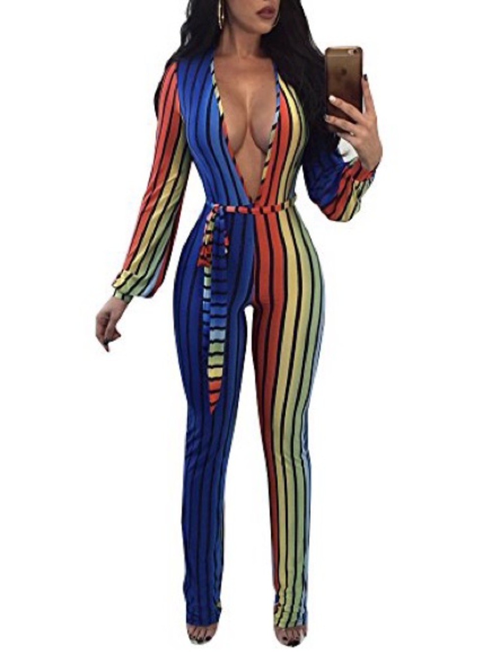 Fashion Nova Striped Plunge Jumpsuit in Blue, Red & Yellow